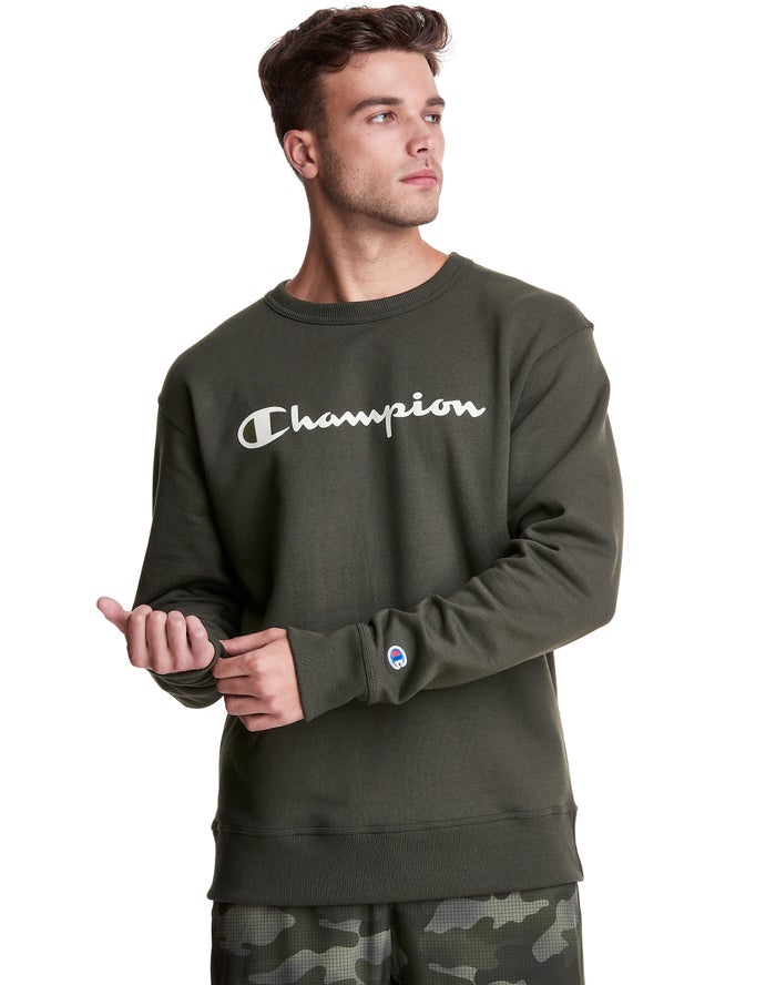 Champion Mens Sweatshirt NZ - Powerblend Fleece Crew Script Logo Green ( 4536-ZIJBP )